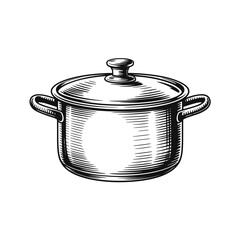 Hand drawn sketch of a classic metal cooking pot with lid and handles