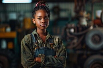Young woman standing confidently in a workshop
