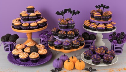 Naklejka premium Colorful halloween bakery showcase featuring decorated cupcakes and festive pastries