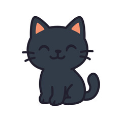 Playful Black Cat Sticker Sitting with Eyes Closed and Smiling. Isolated Vector Illustration