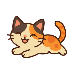 Relaxed Calico Cat Sticker Lying Down with Contentment. Isolated Vector Illustration