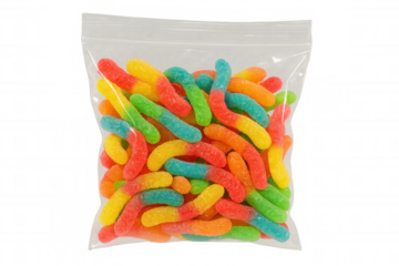 Colorful candy gummy worms filling a clear zip lock bag, offering a sweet and sour sugary snack