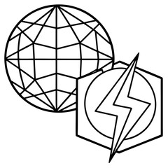 Illustration of a globe with a lightning bolt inside a hexagon, , symbolizing global energy solutions