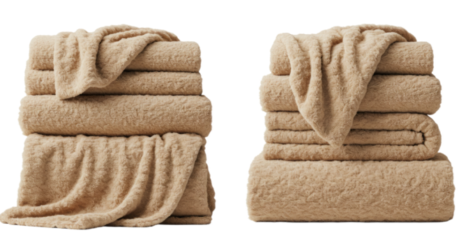 Soft beige bath towels stacked in neat piles with folded edges, fluffy and cozy fabric texture for bathroom use and home comfort