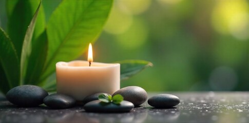 Serene Spa Candle Tranquil Relaxation with Smooth Stones and Lush Greenery
