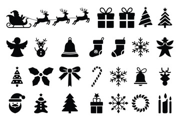 Minimalist Christmas Vector Icons Pack | Black & White Holiday Symbols for Apps & Web Design | New Year Winter Clipart Set