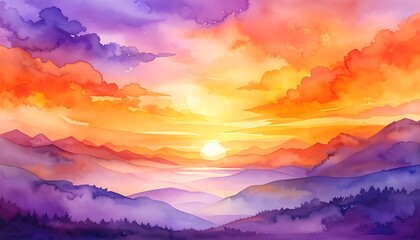 Obraz premium Watercolor depiction of a vibrant sunset over a mountain range. The sky is ablaze with orange and purple hues, reflecting