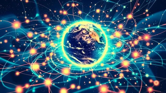 Global network represents the interconnected world, the intricate web of digital information surrounds the earth, symbolizing the exchange of data and the advancements of technology.