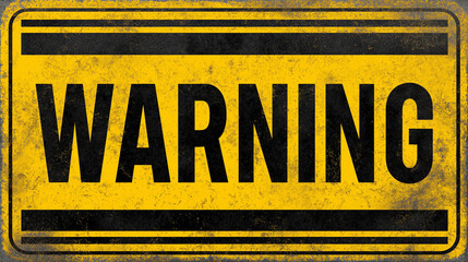 Yellow grunge “WARNING” text signboard with bold black hazard stripes and scratched metal texture, realistic caution banner template for safety poster, industrial notice, or attention alert design