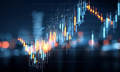 Digital financial chart displaying candlestick patterns and stock market data against a blurred cityscape background with bokeh lights at night - Powered by Adobe