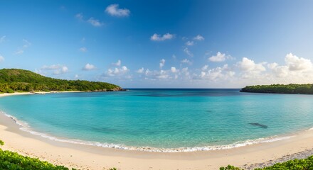 Fototapeta premium Panoramic view of a pristine beach with turquoise water and blue sky