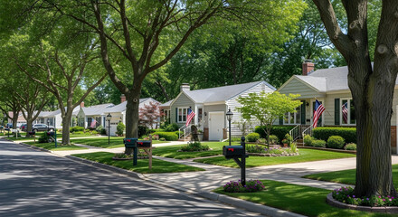 Peaceful suburban street with charming homes, trees, and bright natural light.
