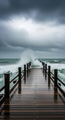 Fototapeta premium Crashing Waves on a Wooden Pier Under a Stormy Sky A Dramatic Seascape with Intense Energy and Atmospheric Weather