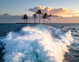 Small island with palm trees at sunset