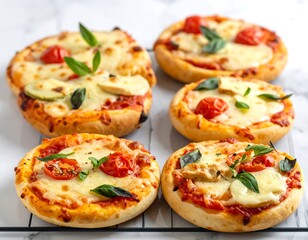 Small pizzas arranged on a cooling rack