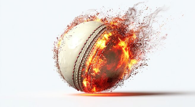 A cricket ball engulfed in vibrant flames, disintegrating into particles against a stark white backdrop; intense heat and motion are depicted - Powered by Adobe