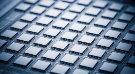 Closeup of a microchip array, illustrating advanced technology and intricate design in the semiconductor manufacturing industry