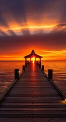 Obraz premium Pier into the sunset with the sun radiating around gazebo along the coast, perfect for a vacation or peaceful getaway concept