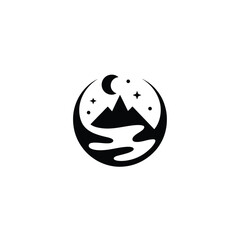 Fototapeta premium Circular silhouette of mountains moon stars and water at night