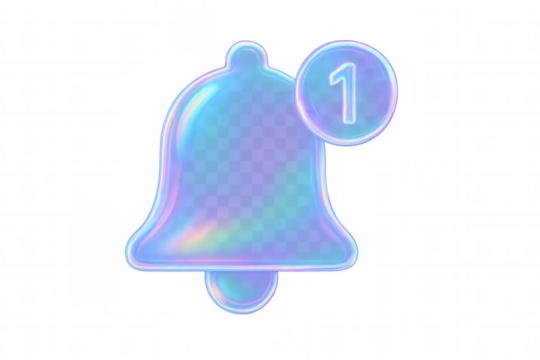 Notification bell with one new message icon, 3d iridescent glass rendering new social media alert