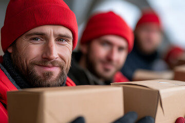 Dedicated team delivering packages. Smiling courier holds a box, ready to bring happiness to doorsteps. Reliable service with a personal touch. Customer satisfaction focused!