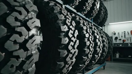 Close-up of large black tires with deep treads stored on metal shelves in an automotive workshop