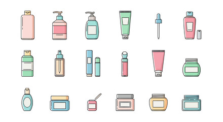 Vector icon set of skincare bottles, tubes, and jars with clean line art and flat pastel palette