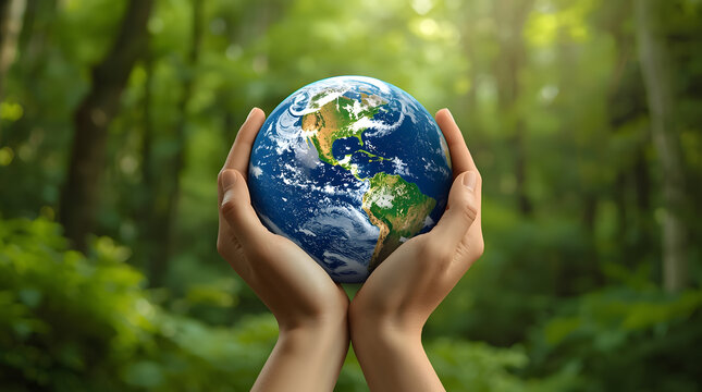 Hands cradle the earth, symbolizing environmental protection and the delicate balance of nature in a lush forest setting - Powered by Adobe