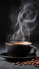A dark-colored coffee cup sits on a matching saucer, filled with steaming coffee. Coffee beans are scattered nearby on a dark surface. The steam rises in swirling patterns against a dark background