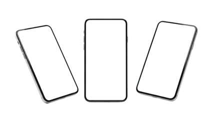 Three blank smartphone screens isolated on white background, modern mobile device templates, perfect for app design or digital presentations