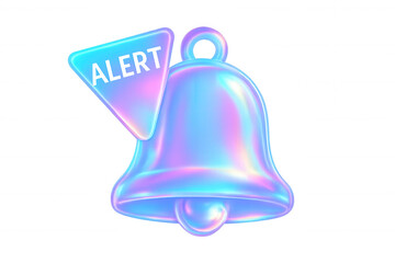 Iridescent 3d alert bell icon with a warning message, holographic reminder for digital notifications
