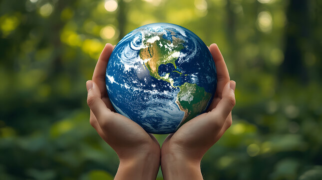 Hands holding planet earth with green forest background, symbolizing environmental protection and care for our world