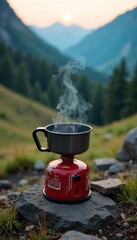 Efficient Compact Camping Stove Boils Water Amidst Stunning Wilderness Views, Perfect for Backpacking and Minimalist Adventures