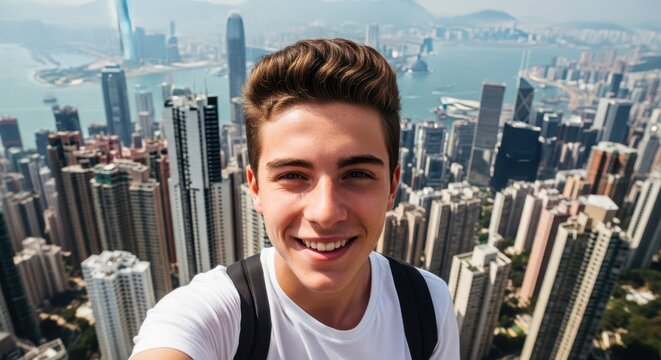 City Explorer's Selfie: A youthful explorer captures a stunning selfie against the backdrop of a bustling cityscape, embodying adventure and the spirit of urban discovery.