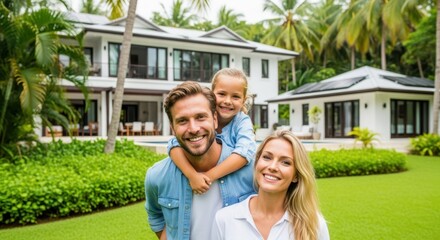 Fototapeta premium Family's Dream Home: A joyful family stands in front of their beautiful dream home. It's a picture of happiness. This family embodies the spirit of comfort and contentment.