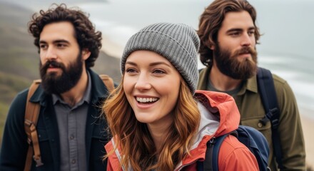 Coastal Hike: A cheerful young woman leads her hiking companions along a scenic coastal trail. The image captures the joy of friendship and the serenity of the outdoors.