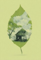 A dilapidated house nestled within a verdant leaf, superimposed against a pale green backdrop; the scene evokes a sense of serene decay and the passage of time