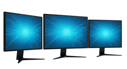 Three computer monitors displaying blue abstract digital network connections, technology background perfect for IT presentations or digital themes