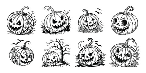 set of halloween pumpkins halloween pumpkin icons Icon illustration of a set of halloween pumpkin silhouettes of plants black and white vector illustration