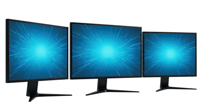 Three computer monitors displaying blue abstract digital network connections, technology background perfect for IT presentations or digital themes