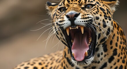 Obraz premium Close up portrait of a roaring jaguar showcasing teeth and spotted fur