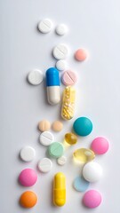 A top-down shot displaying assorted, colorful pills and capsules scattered against a clean, white background