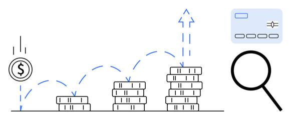 Coin stacks increasing in size with an upward arrow, falling coin, credit card, and magnifying glass representing financial growth, analysis, savings, and investment. Ideal for business, economy