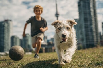 Fototapeta premium A playful dog runs towards the camera with a boy and city skyline in the background, creating a joyful and active urban scene on a bright sunny day with clouds.