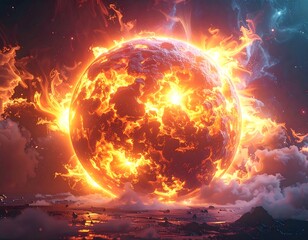 Fiery celestial body surrounded by burning energy, cosmic scene