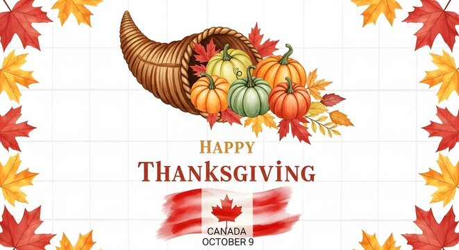 Happy thanksgiving greeting with a cornucopia filled with pumpkins and gourds, framed by autumn leaves, isolated on white background