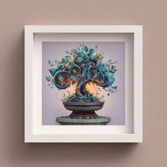 A framed digital artwork depicting a stylized, geometric tree with teal and orange hues, set in a stone pot on a platform, glowing subtly from below, against a muted purple background