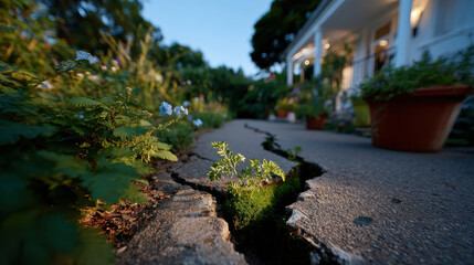 This image portrays delicate flowers effortlessly emerging from cracked concrete, highlighting the beauty and determination of nature in overcoming urban barriers.