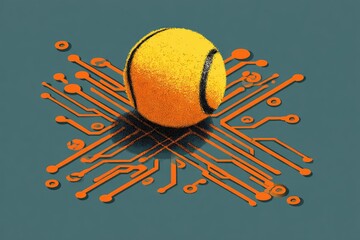 A fuzzy yellow tennis ball rests atop intersecting orange circuit board lines against a muted teal background, suggesting a blend of sports and technology