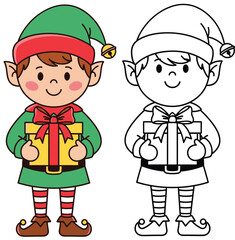 Christmas Elf with Gift Coloring Book Page Vector Illustration